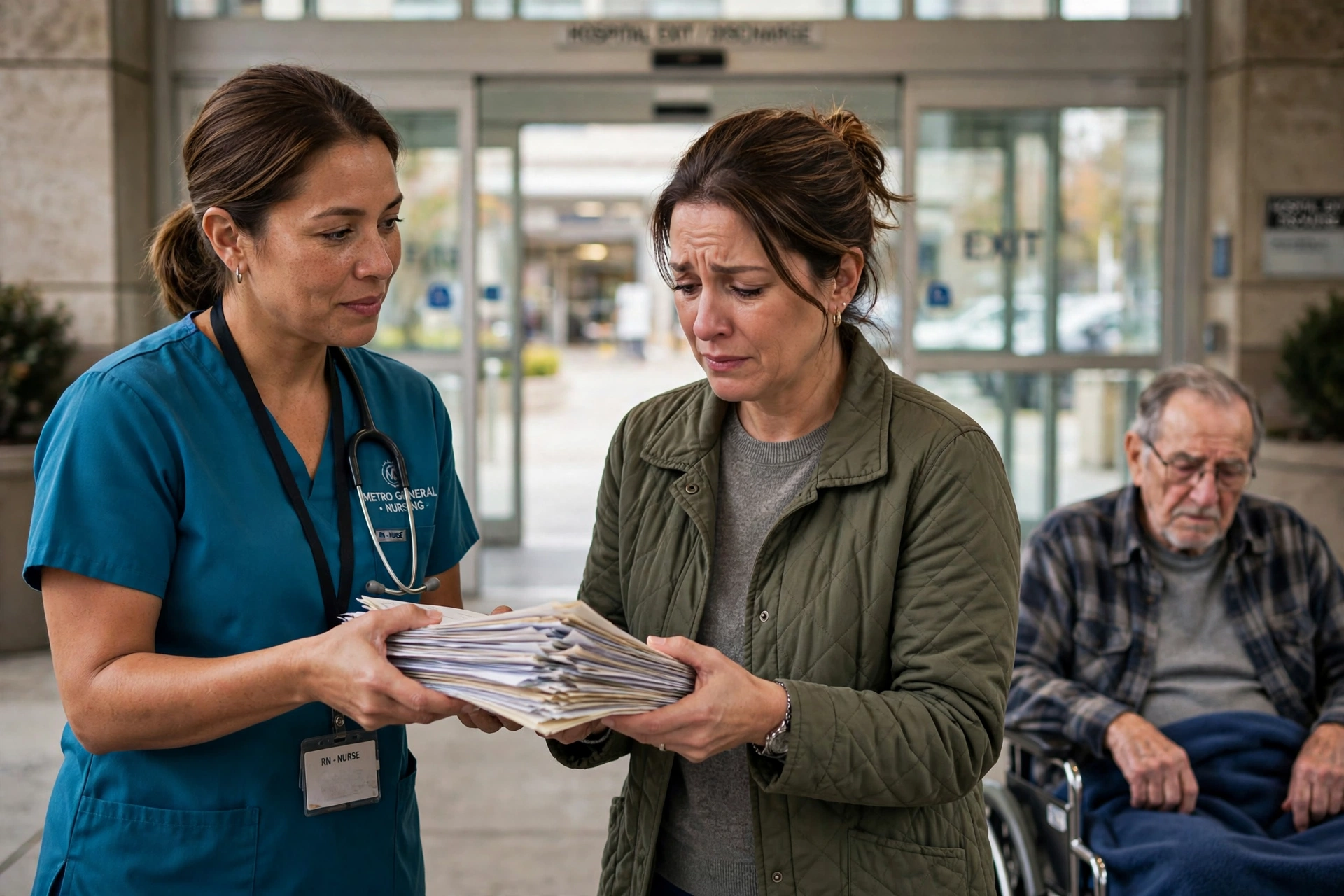 Nurse handing discharge papers to a family member at a hospital exit